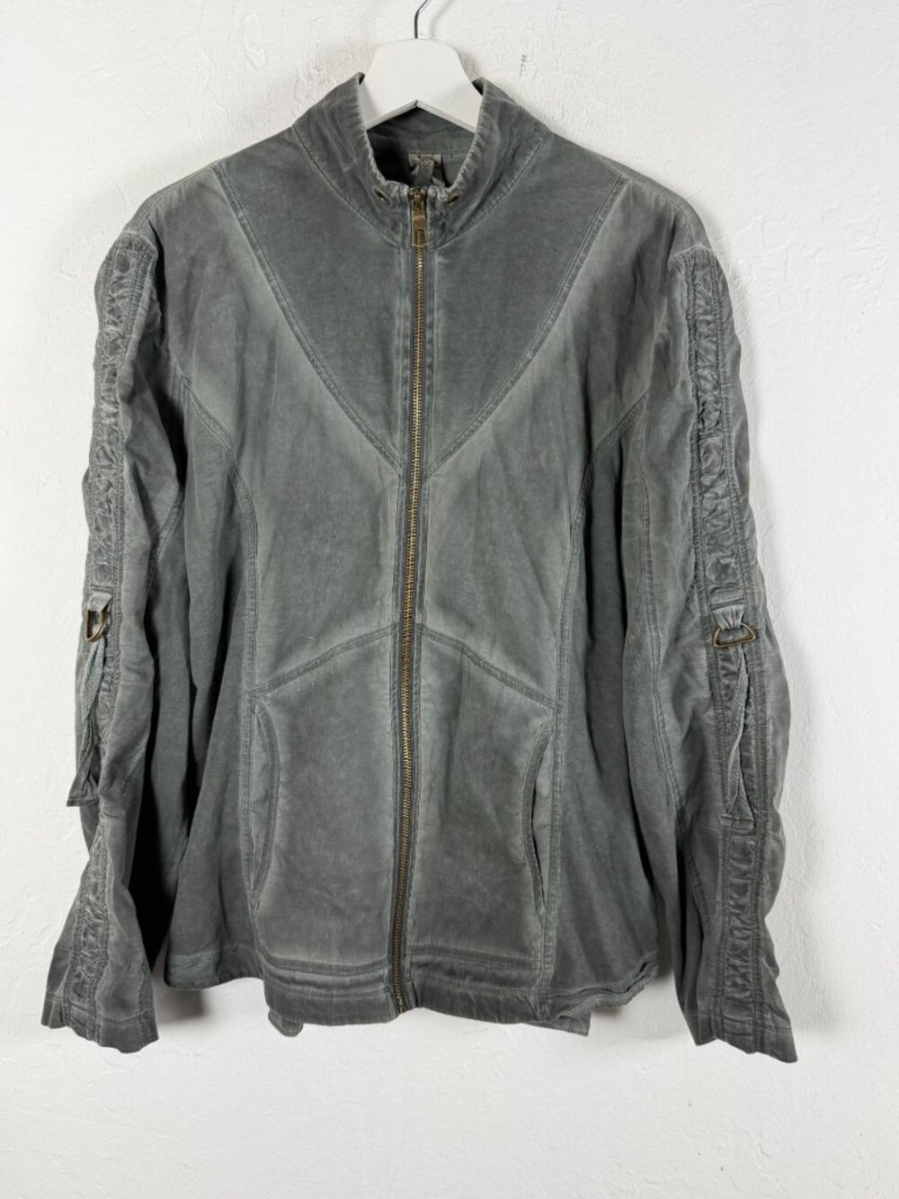 XCVI Womens Full Zip Jacket Washed Grey Ruched Sleeve D-Ring Moto Utility Large
